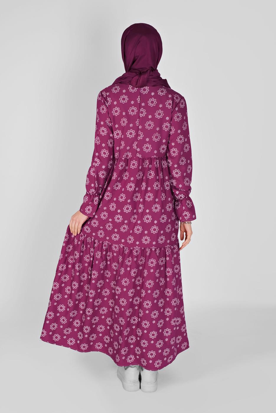 Tesettür giyim FUŞYA MANŞETLERİ LASTİKLİ BASKILI ELBİSE  7054 
