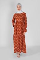 Tesettür giyim KAHVE MANŞETLERİ LASTİKLİ BASKILI ELBİSE  7054 