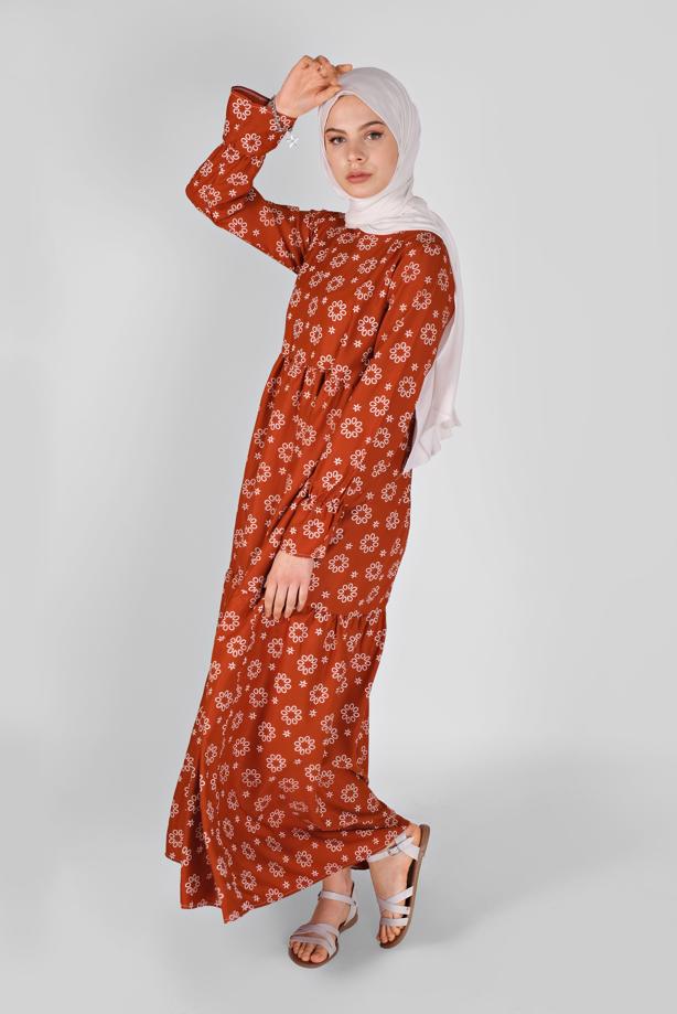 Vêtements hijab  PRINTED DRESS WITH ELASTIC CUFFS 7054  - TRENDTESETTÜR