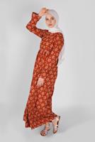 Tesettür giyim KAHVE MANŞETLERİ LASTİKLİ BASKILI ELBİSE  7054 