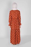 Tesettür giyim KAHVE MANŞETLERİ LASTİKLİ BASKILI ELBİSE  7054 