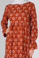 Tesettür giyim KAHVE MANŞETLERİ LASTİKLİ BASKILI ELBİSE  7054 