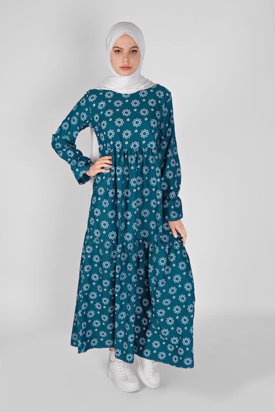 Tesettür giyim MAVİ MANŞETLERİ LASTİKLİ BASKILI ELBİSE  7054 