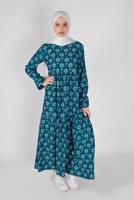 Tesettür giyim MAVİ MANŞETLERİ LASTİKLİ BASKILI ELBİSE  7054 