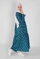 Tesettür giyim MAVİ MANŞETLERİ LASTİKLİ BASKILI ELBİSE  7054 