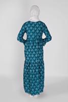 Tesettür giyim MAVİ MANŞETLERİ LASTİKLİ BASKILI ELBİSE  7054 