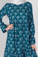 Tesettür giyim MAVİ MANŞETLERİ LASTİKLİ BASKILI ELBİSE  7054 