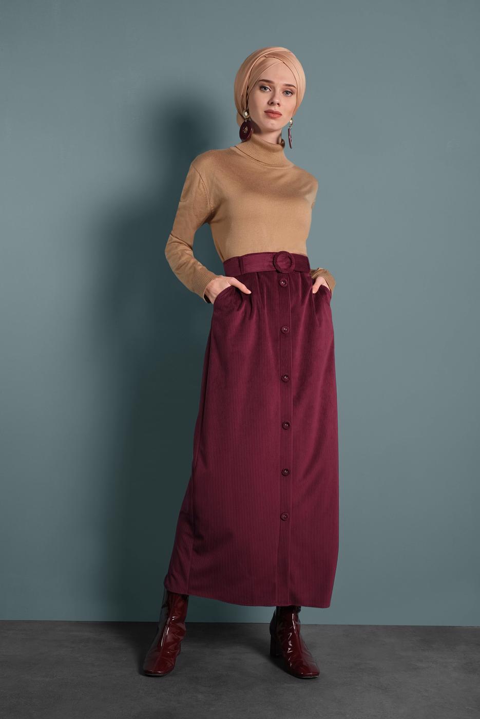 Tesettür giyim BORDO ALVİNA DÜĞMELİ KEMERLİ KADİFE ETEK 60033	