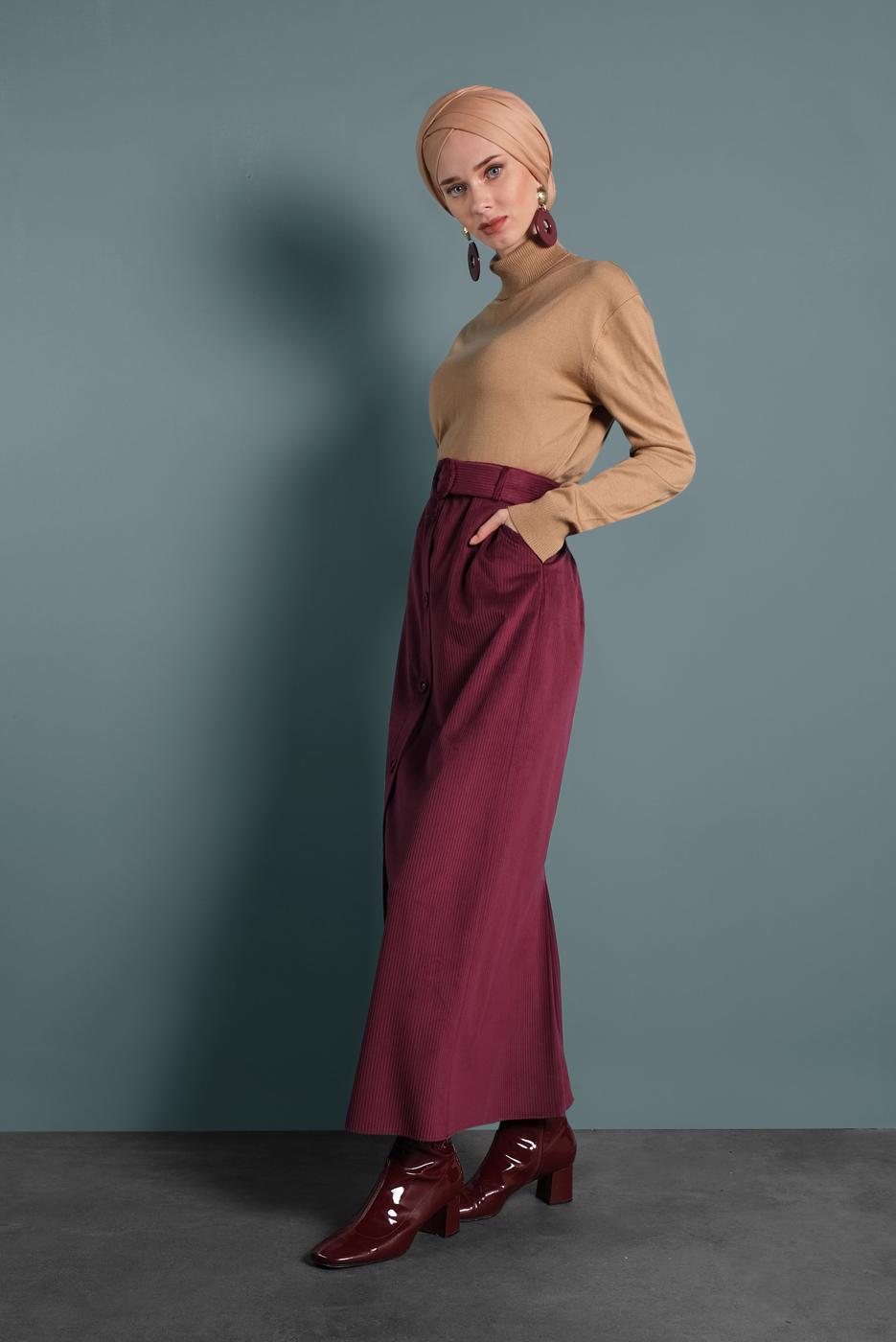 Tesettür giyim BORDO ALVİNA DÜĞMELİ KEMERLİ KADİFE ETEK 60033	