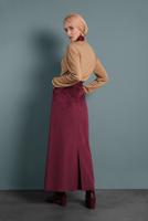 Tesettür giyim BORDO ALVİNA DÜĞMELİ KEMERLİ KADİFE ETEK 60033	