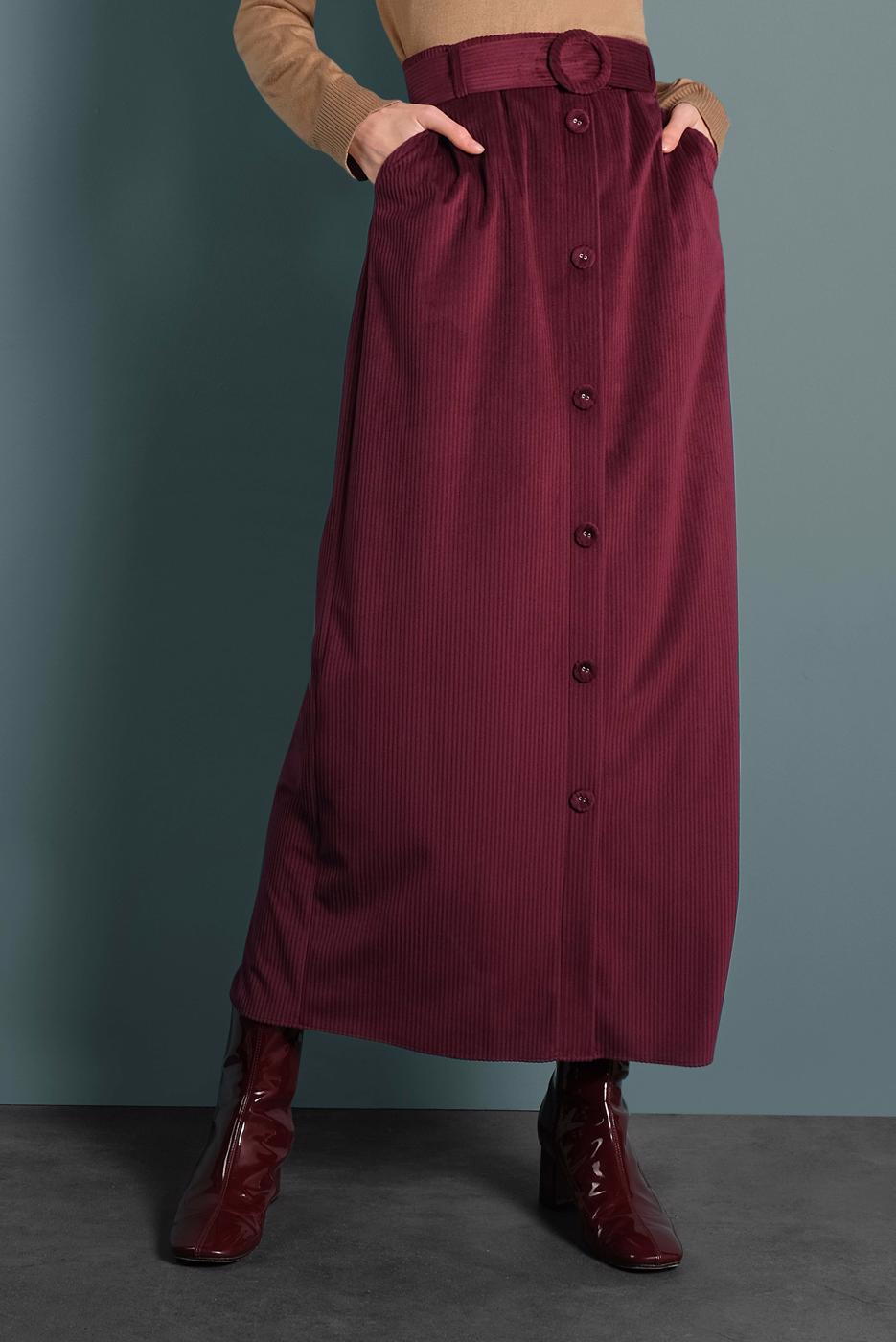 Tesettür giyim BORDO ALVİNA DÜĞMELİ KEMERLİ KADİFE ETEK 60033	