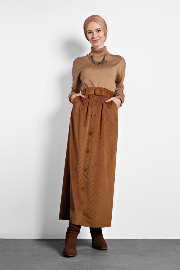Vêtements hijab TABA JUPE EN VELOURS AVEC CEINTURE ET BOUTONS ALVİNA 60033 - TRENDTESETTÜR