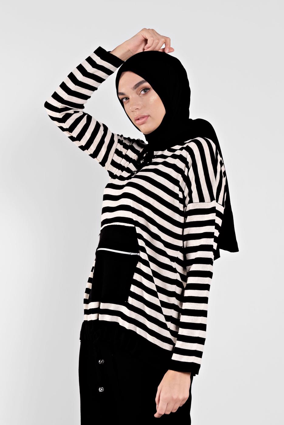 Tesettür giyim SİYAH ÇİZGİLİ BÜZGÜLÜ TAKIM 4102 