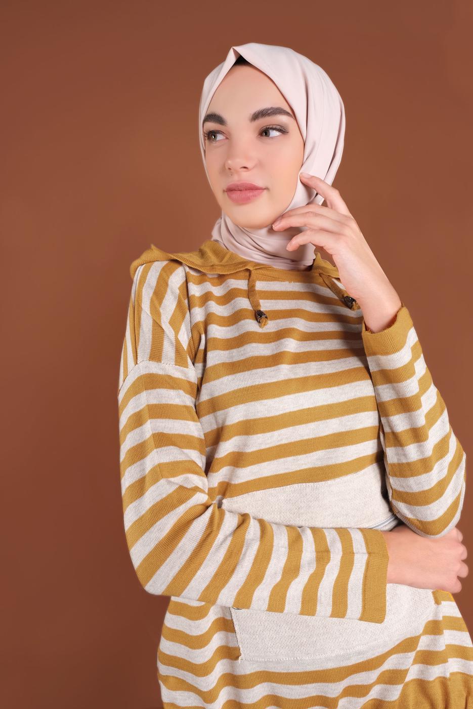 Vêtements hijab ORANGE COSTUME TAILLE-BOULLIONNÉE À RAYURES  4102 