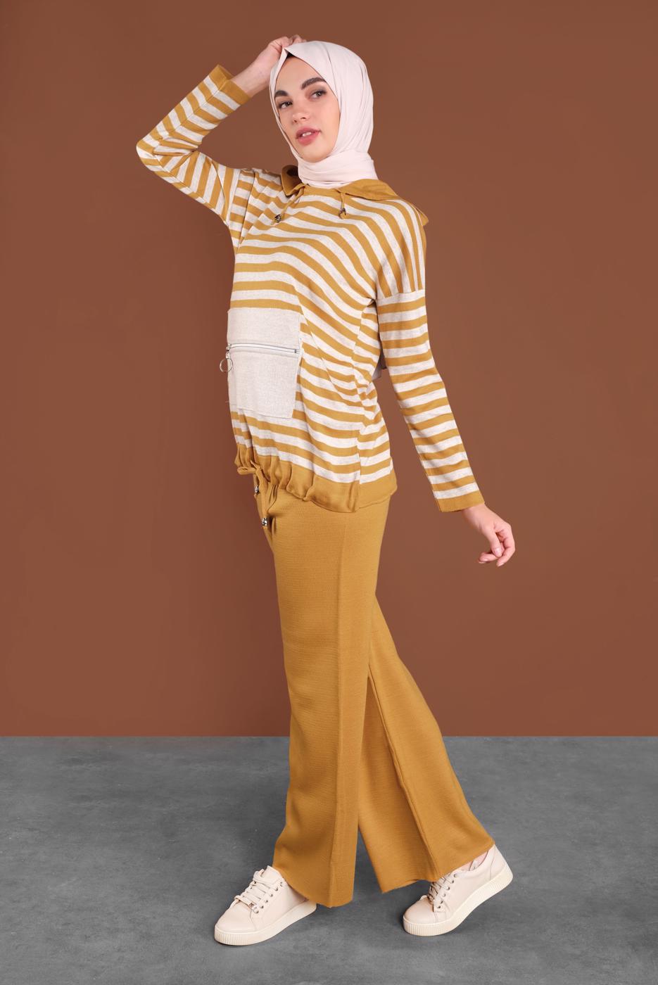 Vêtements hijab ORANGE COSTUME TAILLE-BOULLIONNÉE À RAYURES  4102 