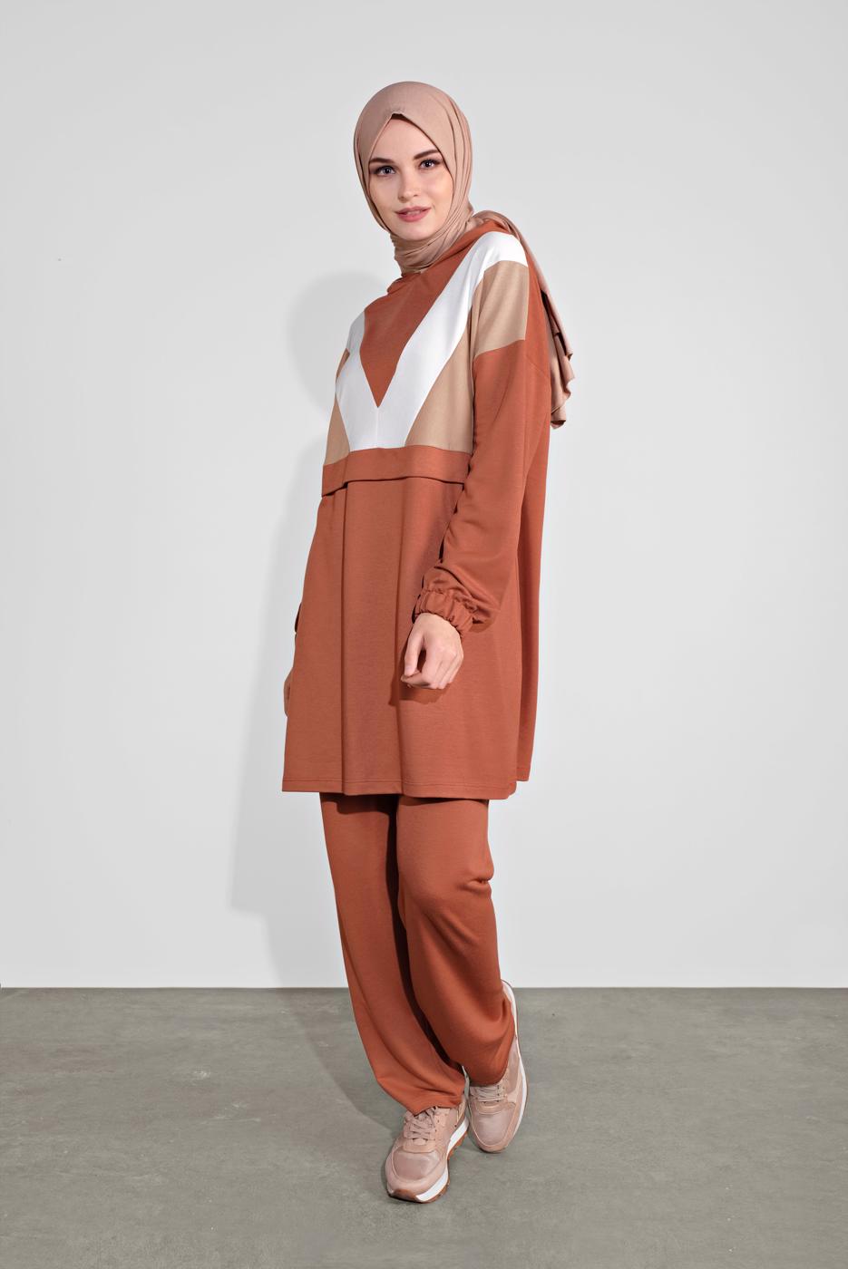 Tesettür giyim KAHVE KAPÜŞONLU TAKIM 5336