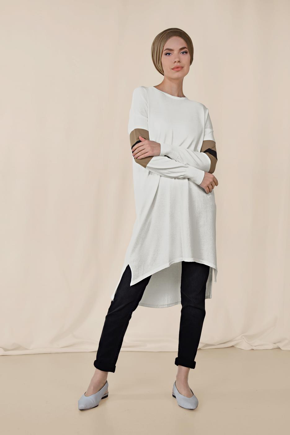 Tesettür giyim KREM  ALVİNA YANLARI YIRTMAÇLI TUNİK 4140