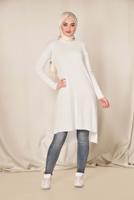 Tesettür giyim KREM ALVİNA YANLARI YIRTMAÇLI SİMLİ TUNİK 4523  