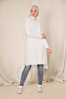 Tesettür giyim KREM ALVİNA YANLARI YIRTMAÇLI SİMLİ TUNİK 4523  