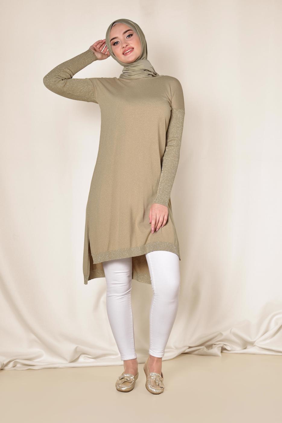 Tesettür giyim BEJ ALVİNA YANLARI YIRTMAÇLI SİMLİ TUNİK 4523  