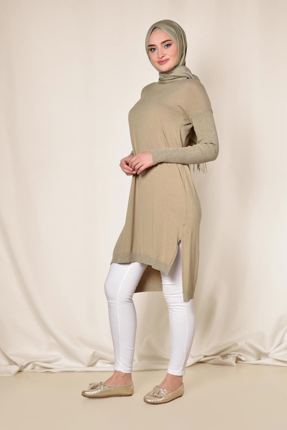 Tesettür giyim BEJ ALVİNA YANLARI YIRTMAÇLI SİMLİ TUNİK 4523  