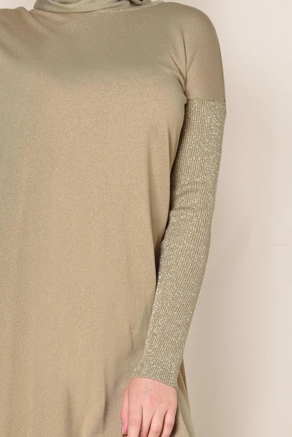 Tesettür giyim BEJ ALVİNA YANLARI YIRTMAÇLI SİMLİ TUNİK 4523  