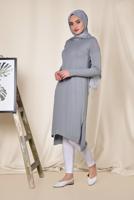 Tesettür giyim GRİ ALVİNA YANLARI YIRTMAÇLI SİMLİ TUNİK 4523  
