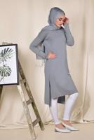 Tesettür giyim GRİ ALVİNA YANLARI YIRTMAÇLI SİMLİ TUNİK 4523  