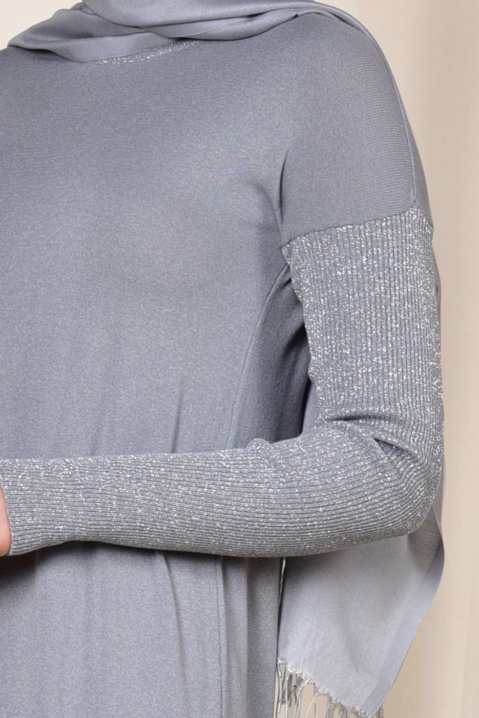 Tesettür giyim GRİ ALVİNA YANLARI YIRTMAÇLI SİMLİ TUNİK 4523  