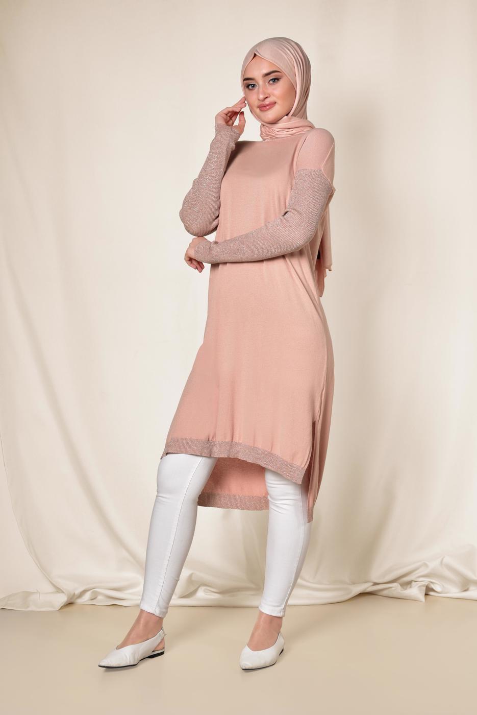 Hijab clothing POWDER ALVİNA SLIT DETAIL SILVERY TUNIC 4523 