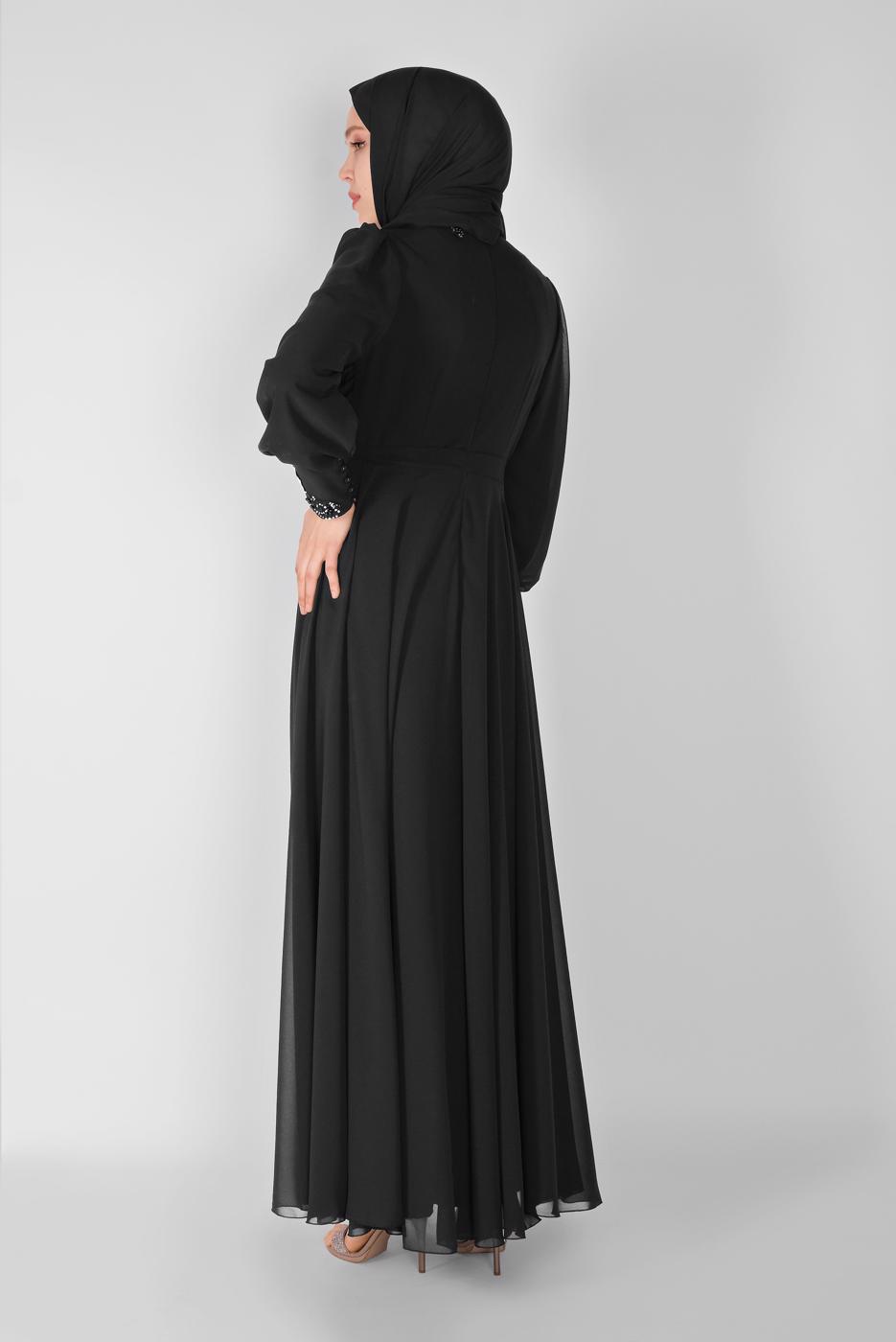 Tesettür giyim SİYAH NAKIŞLI BONCUKLU ABİYE 18725 