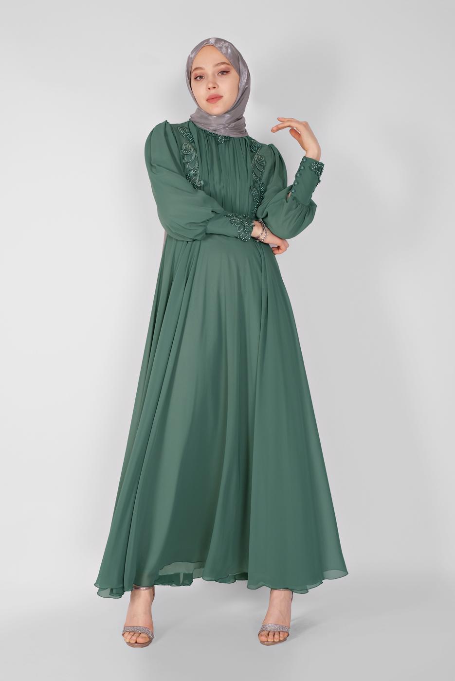 Tesettür giyim YEŞİL NAKIŞLI BONCUKLU ABİYE 18725 