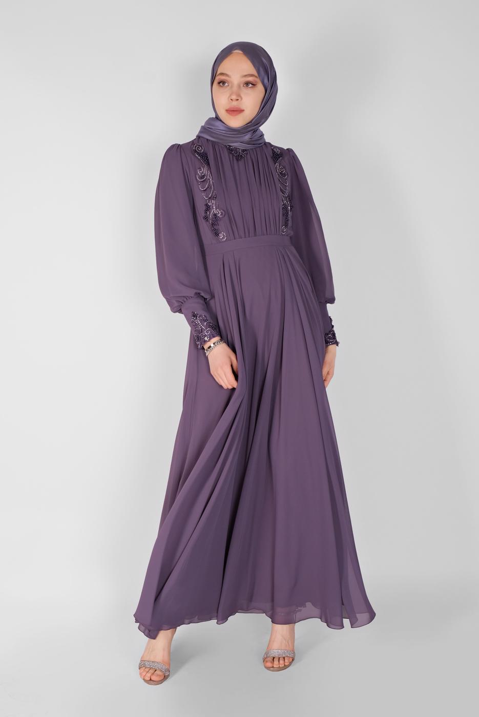 Tesettür giyim MOR NAKIŞLI BONCUKLU ABİYE 18725 