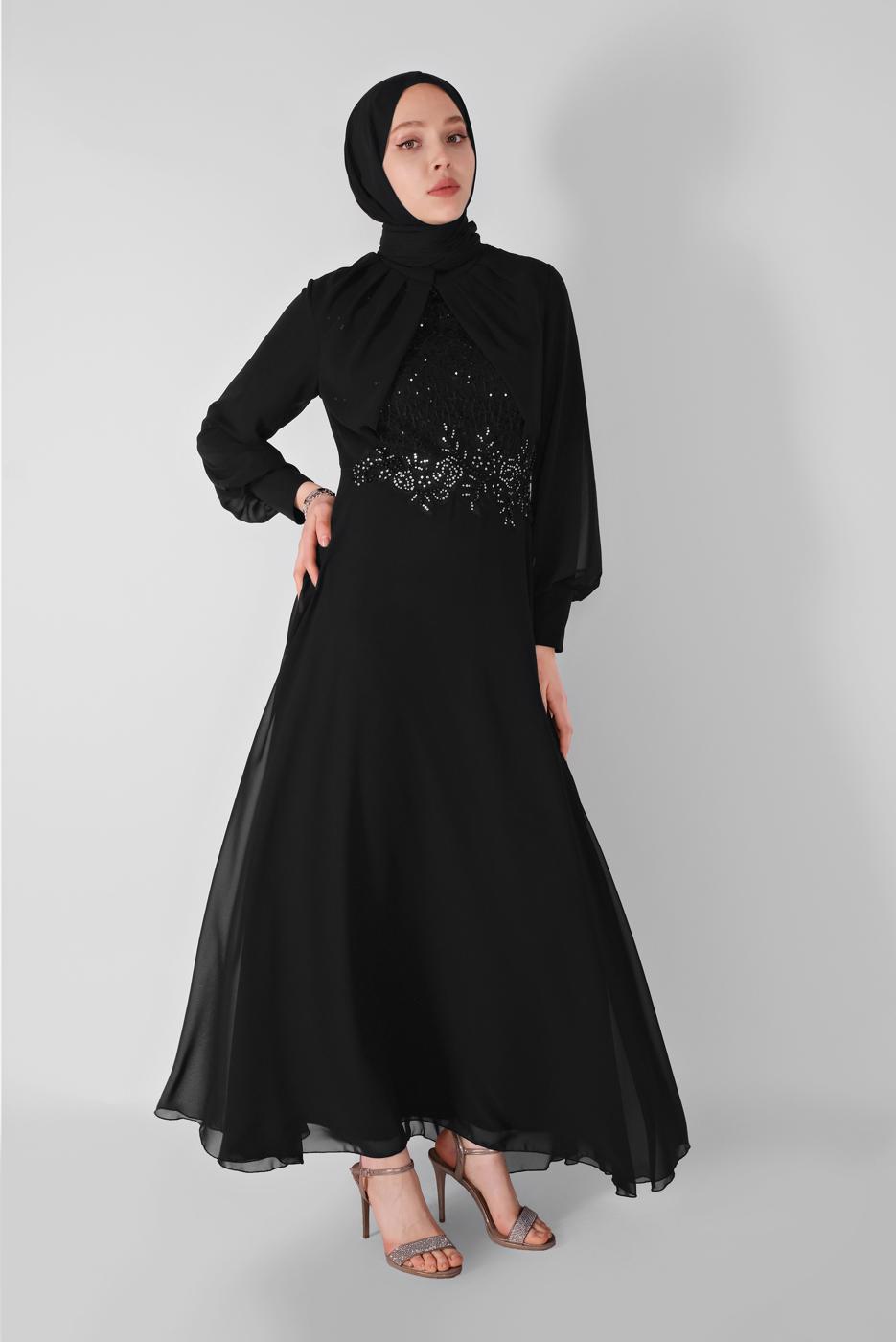 Tesettür giyim SİYAH PULLU NAKIŞLI ŞİFON ABİYE  58725