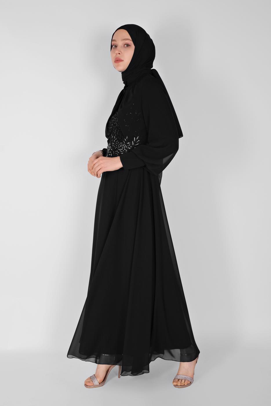 Tesettür giyim SİYAH PULLU NAKIŞLI ŞİFON ABİYE  58725