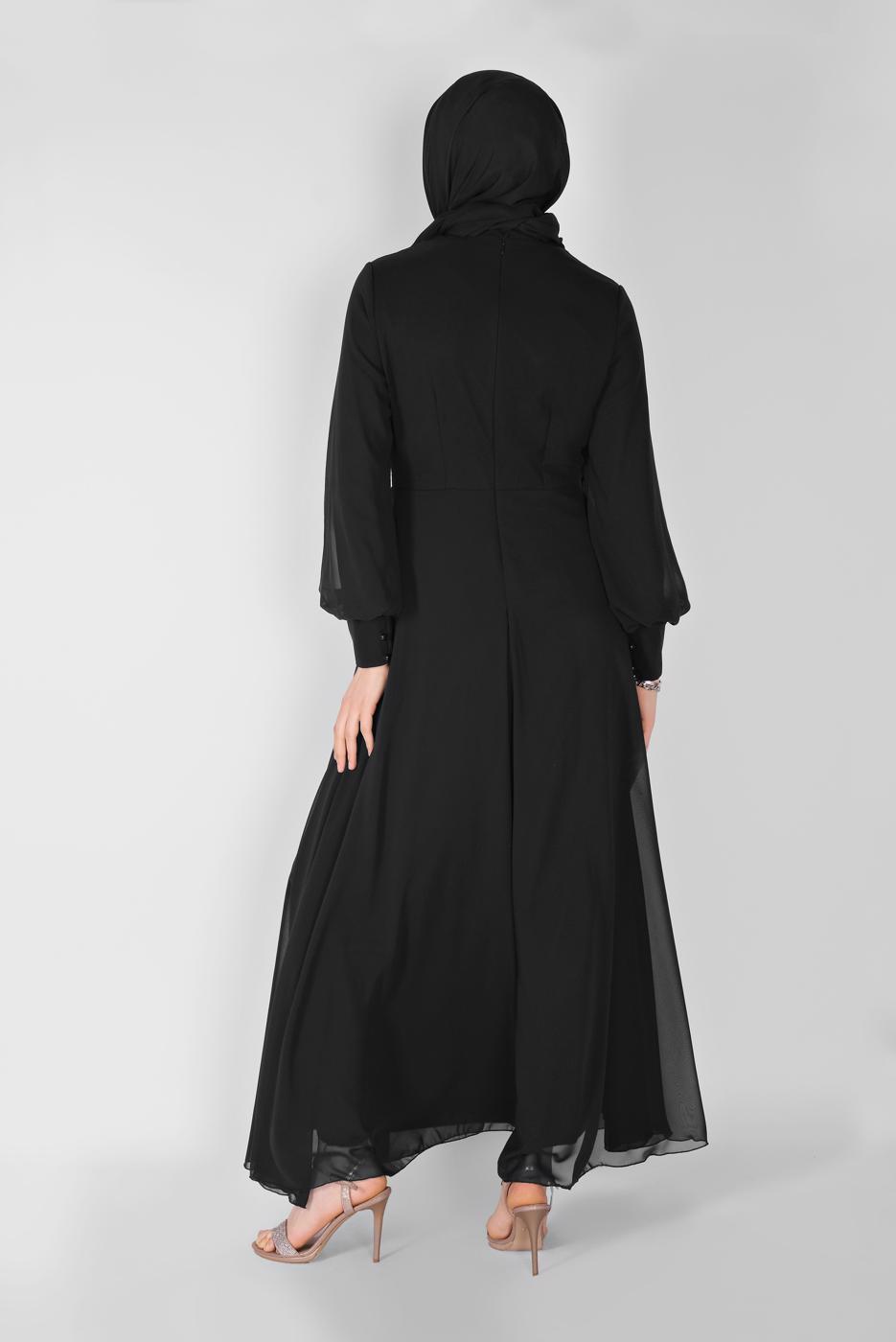 Tesettür giyim SİYAH PULLU NAKIŞLI ŞİFON ABİYE  58725