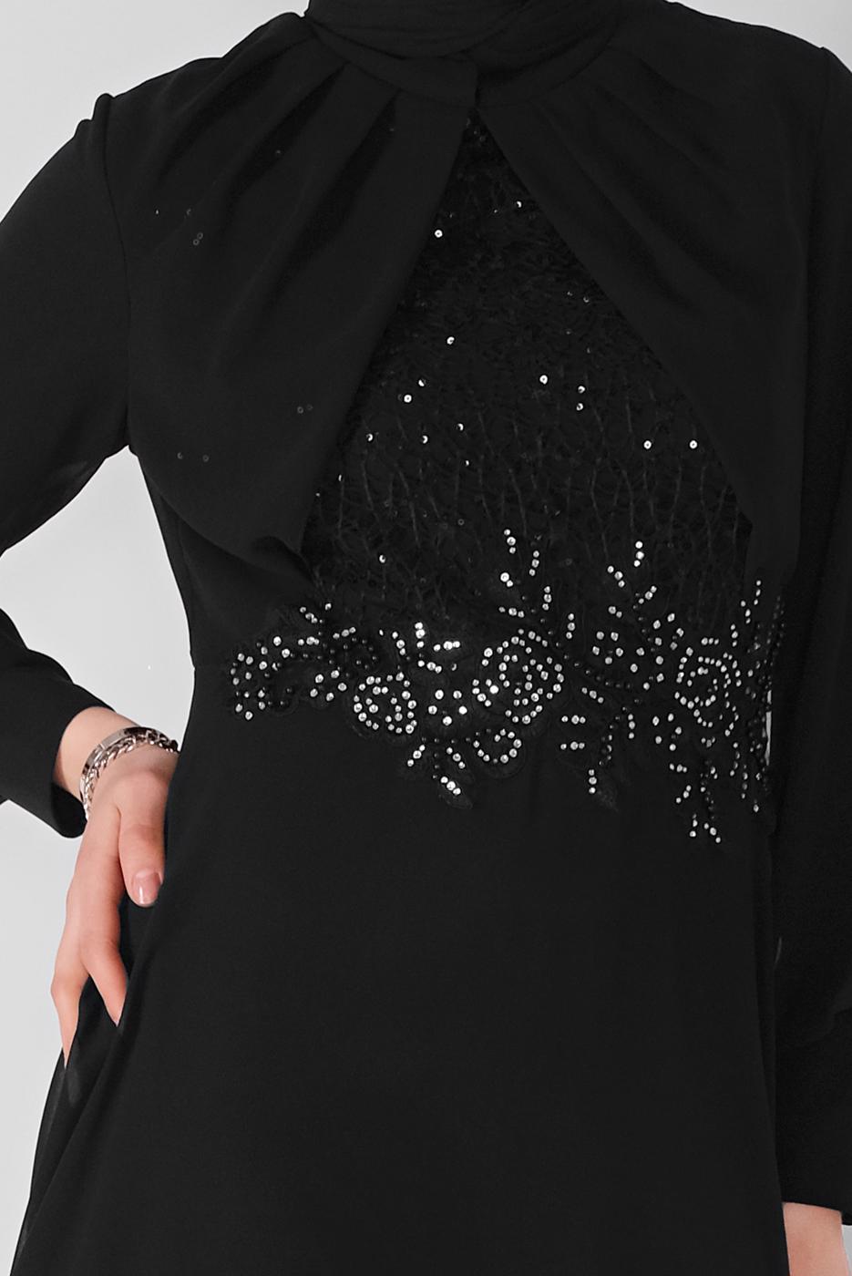 Tesettür giyim SİYAH PULLU NAKIŞLI ŞİFON ABİYE  58725