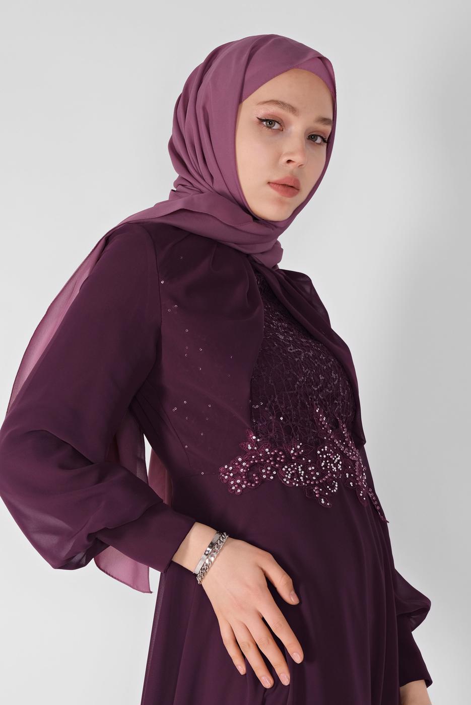 Tesettür giyim MÜRDÜM PULLU NAKIŞLI ŞİFON ABİYE  58725