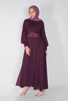 Tesettür giyim MÜRDÜM PULLU NAKIŞLI ŞİFON ABİYE  58725