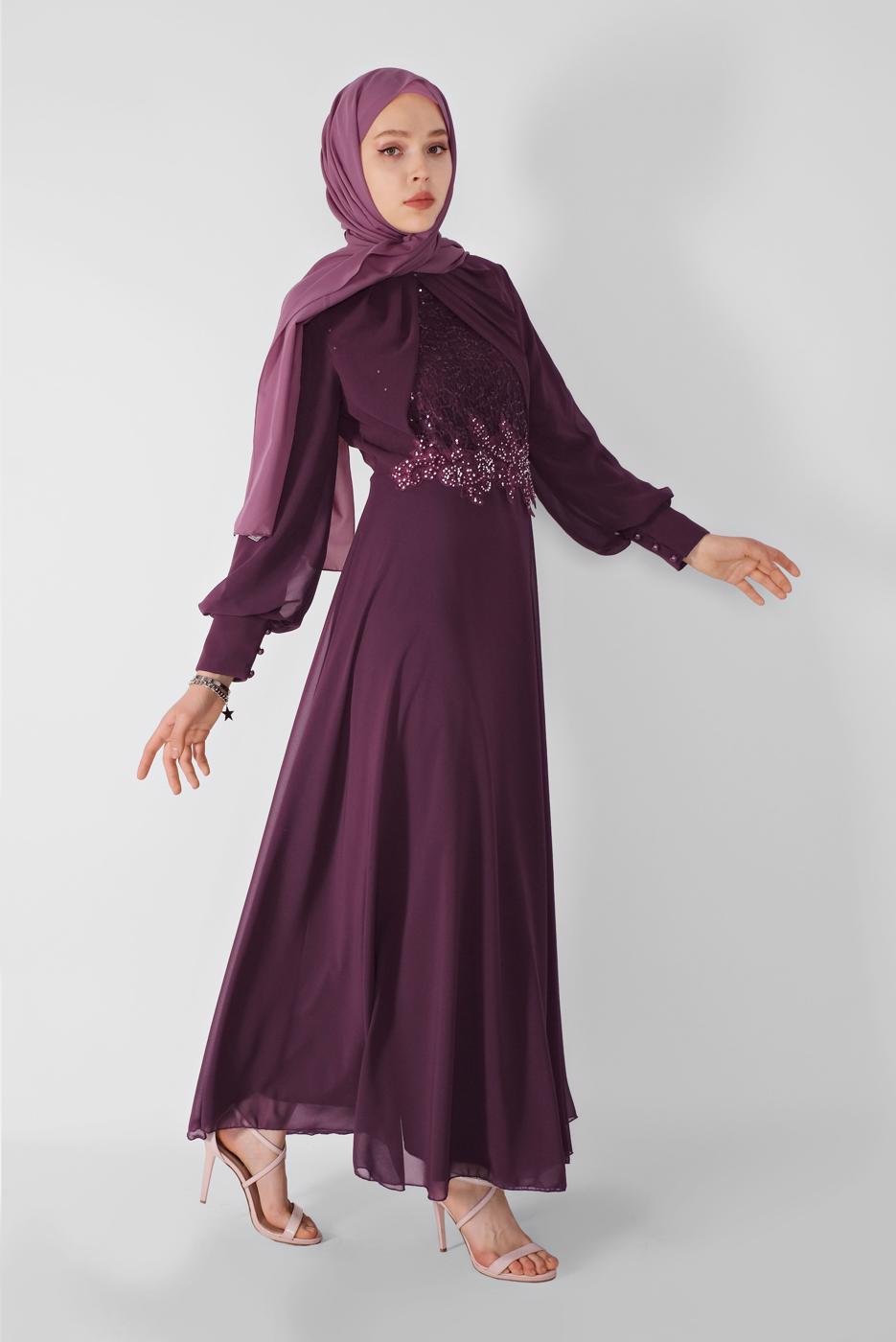 Tesettür giyim MÜRDÜM PULLU NAKIŞLI ŞİFON ABİYE  58725