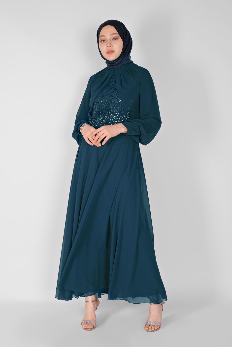 Tesettür giyim MAVİ PULLU NAKIŞLI ŞİFON ABİYE  58725