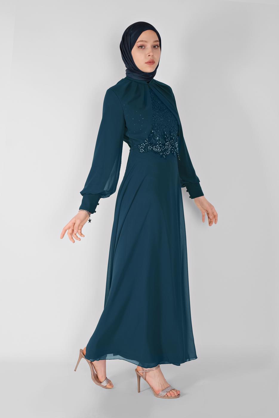 Tesettür giyim MAVİ PULLU NAKIŞLI ŞİFON ABİYE  58725