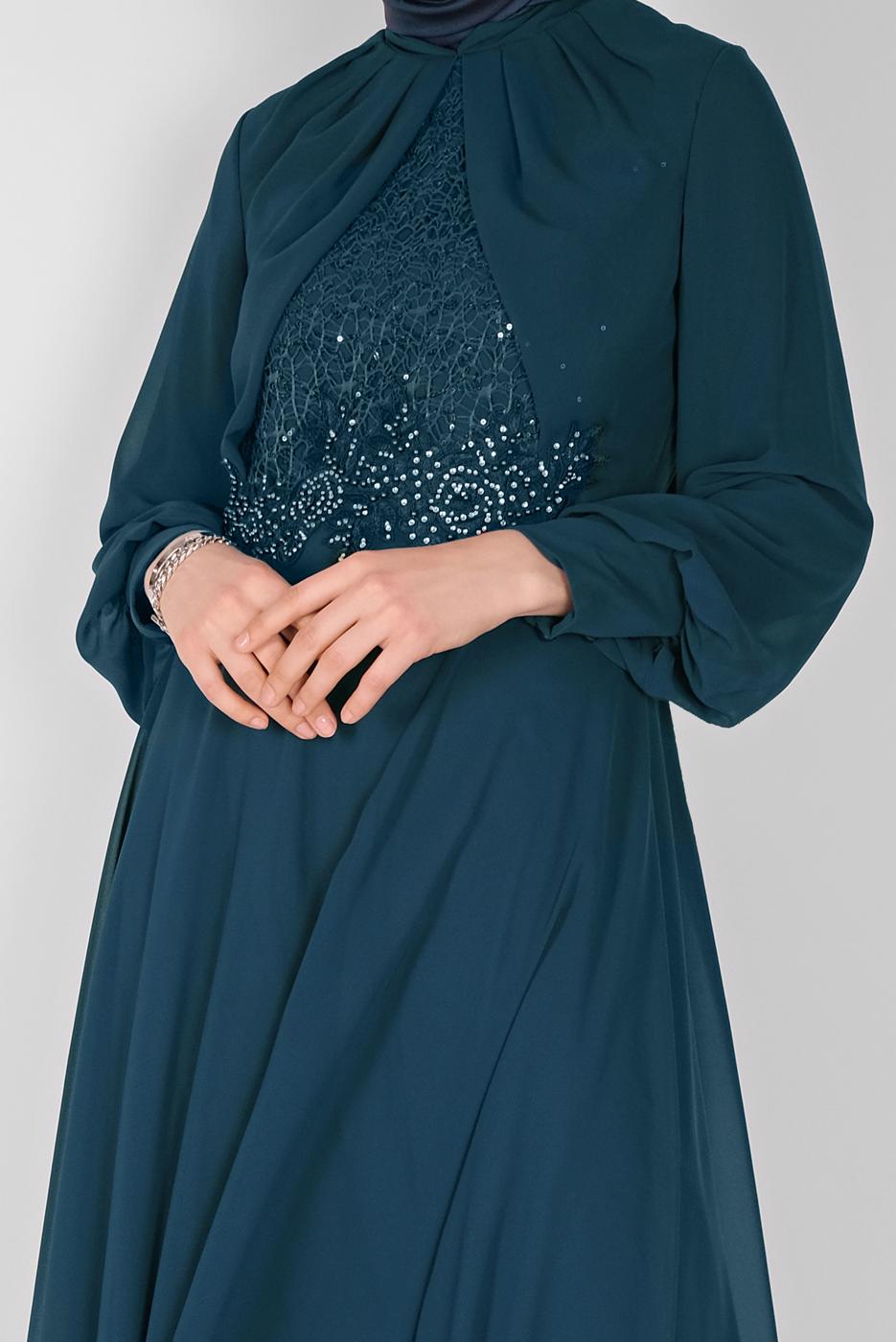 Tesettür giyim MAVİ PULLU NAKIŞLI ŞİFON ABİYE  58725