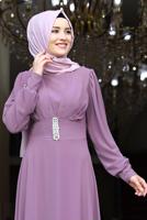 Tesettür giyim PEMBE TAŞ DETAYLI ŞİFON ABİYE ELBİSE 1333 