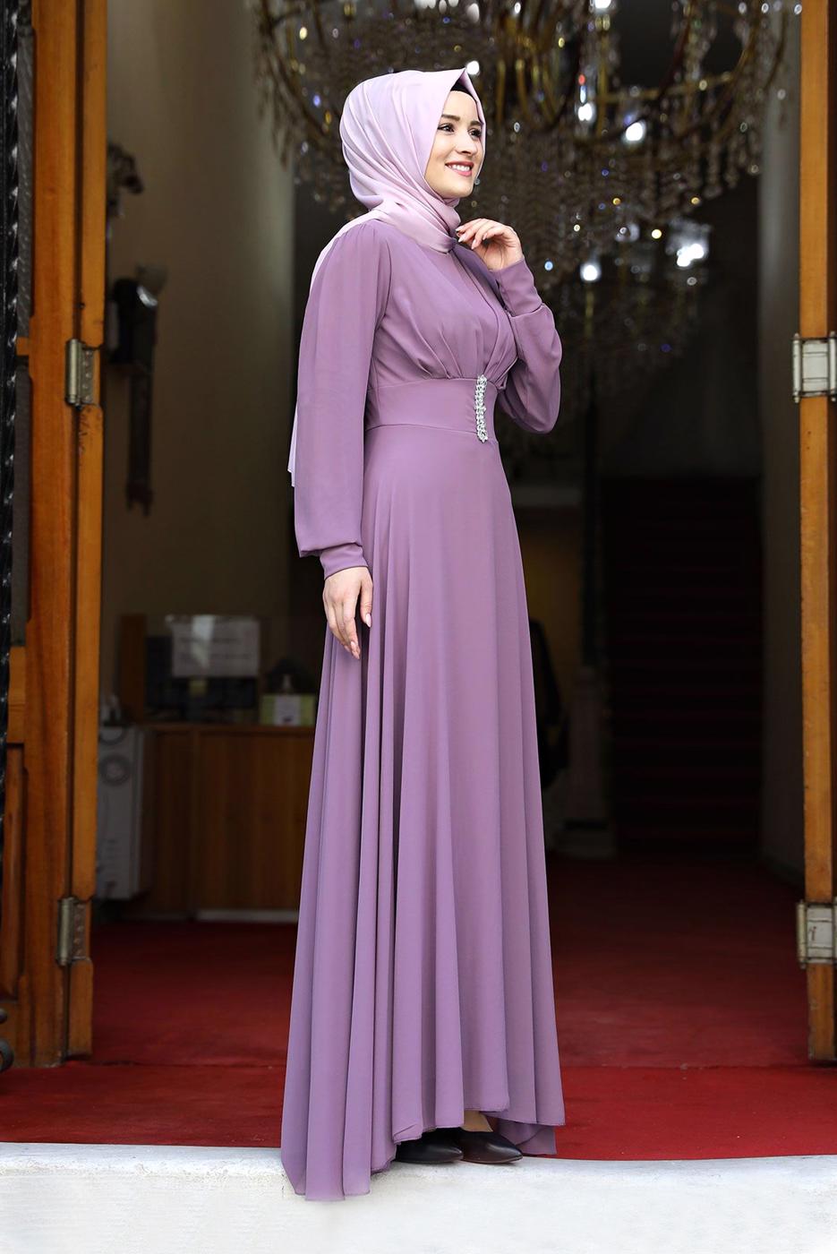 Tesettür giyim PEMBE TAŞ DETAYLI ŞİFON ABİYE ELBİSE 1333 