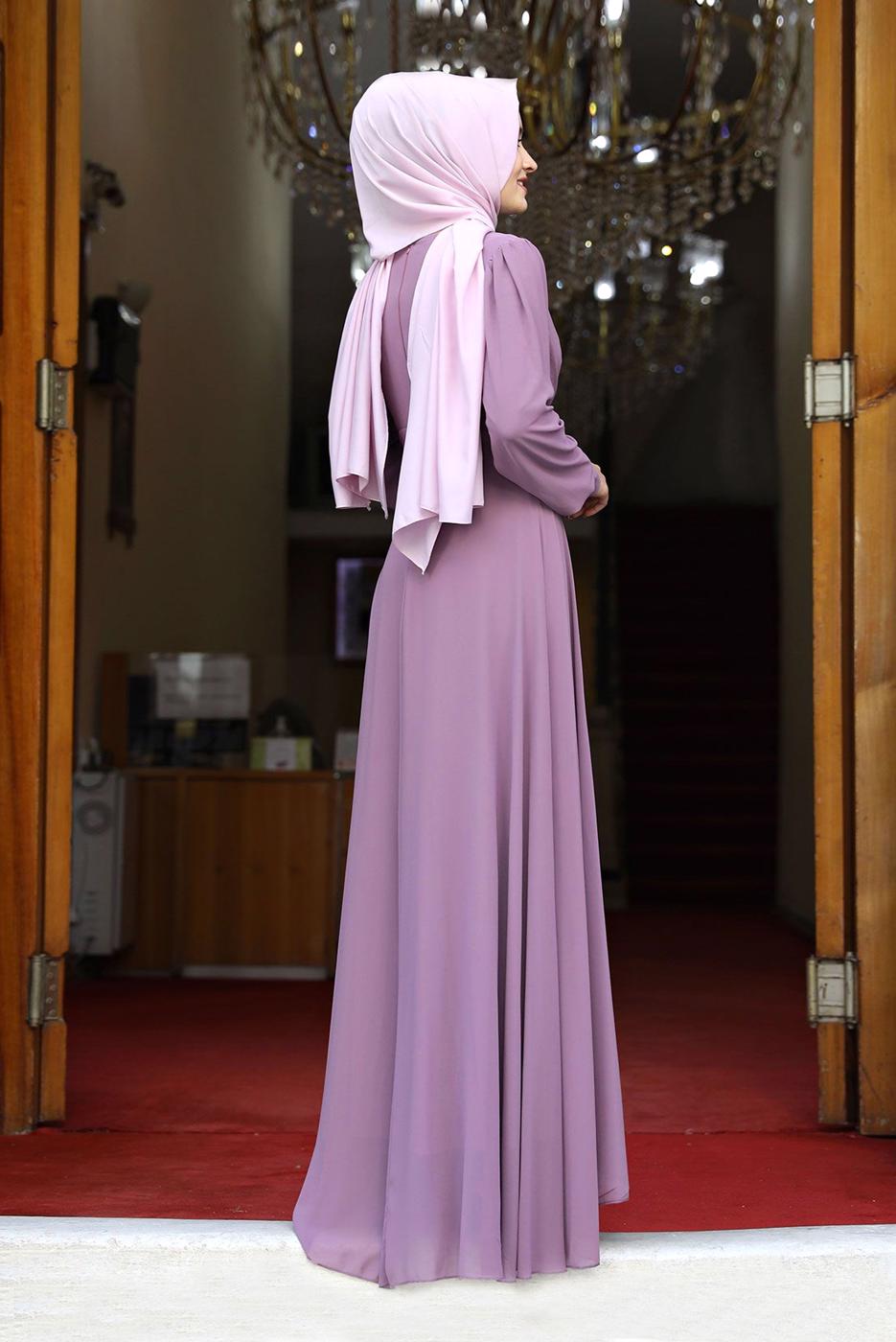 Tesettür giyim PEMBE TAŞ DETAYLI ŞİFON ABİYE ELBİSE 1333 
