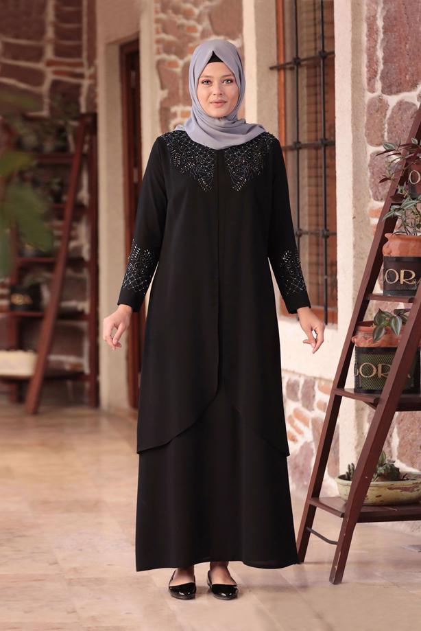 Vêtements hijab NOIR ROBE DE SOIRÉE BRODÉE DÉTAIL PERLES T 1911 - TRENDTESETTÜR