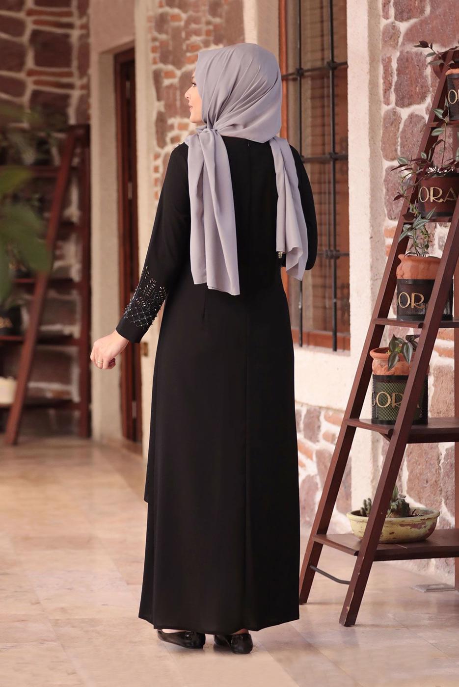 Vêtements hijab NOIR ROBE DE SOIRÉE BRODÉE DÉTAIL PERLES T 1911