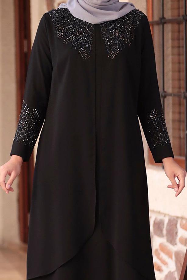 Vêtements hijab NOIR ROBE DE SOIRÉE BRODÉE DÉTAIL PERLES T 1911 - TRENDTESETTÜR