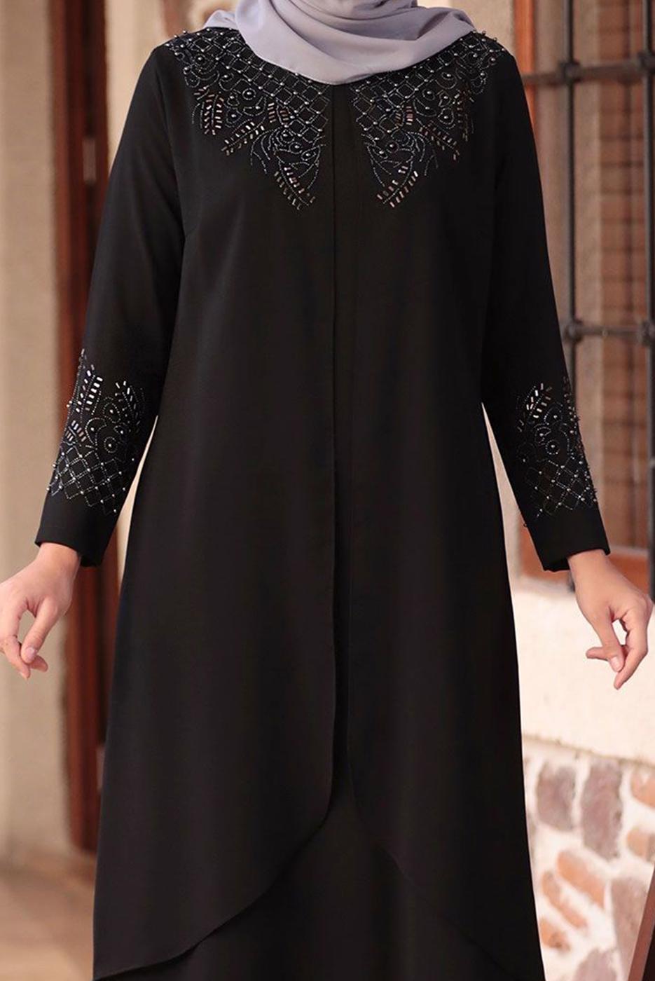 Vêtements hijab NOIR ROBE DE SOIRÉE BRODÉE DÉTAIL PERLES T 1911